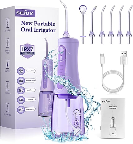 SEJOY Cordless Water Flosser Oral Irrigator for Teeth Cleaning with 8 Jet Tips - Purple
